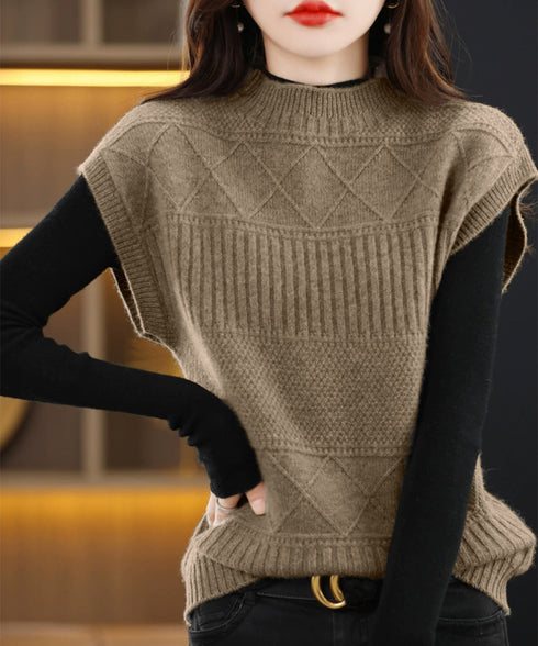 ニットベスト プチハイネック ニットジレ レディース 幾何学模様 ニットチョッキ 大人可愛い レイヤードベスト ノースリーブニットトップス 通学無地ベストセーター 24TPS-053