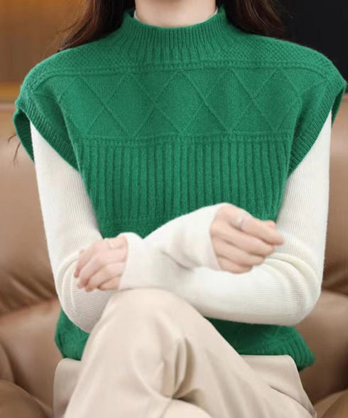 ニットベスト プチハイネック ニットジレ レディース 幾何学模様 ニットチョッキ 大人可愛い レイヤードベスト ノースリーブニットトップス 通学無地ベストセーター 24TPS-053