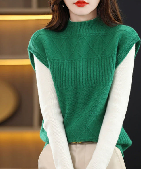 ニットベスト プチハイネック ニットジレ レディース 幾何学模様 ニットチョッキ 大人可愛い レイヤードベスト ノースリーブニットトップス 通学無地ベストセーター 24TPS-053