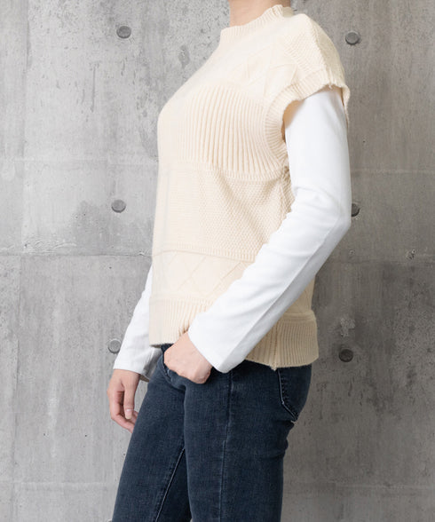 ニットベスト プチハイネック ニットジレ レディース 幾何学模様 ニットチョッキ 大人可愛い レイヤードベスト ノースリーブニットトップス 通学無地ベストセーター 24TPS-053