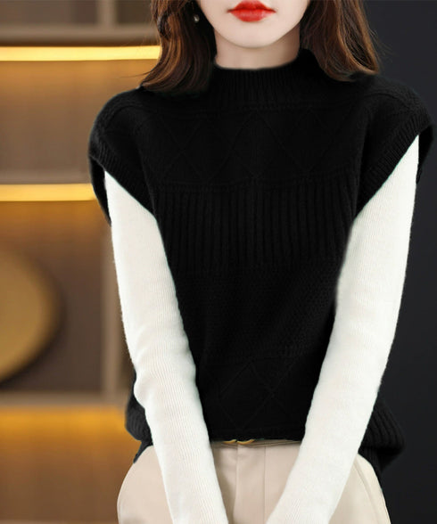 ニットベスト プチハイネック ニットジレ レディース 幾何学模様 ニットチョッキ 大人可愛い レイヤードベスト ノースリーブニットトップス 通学無地ベストセーター 24TPS-053