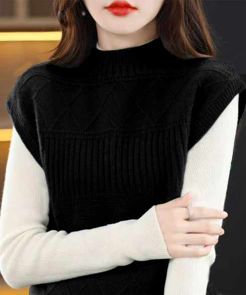 ニットベスト プチハイネック ニットジレ レディース 幾何学模様 ニットチョッキ 大人可愛い レイヤードベスト ノースリーブニットトップス 通学無地ベストセーター 24TPS-053