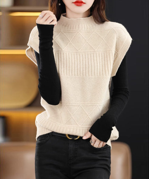ニットベスト プチハイネック ニットジレ レディース 幾何学模様 ニットチョッキ 大人可愛い レイヤードベスト ノースリーブニットトップス 通学無地ベストセーター 24TPS-053