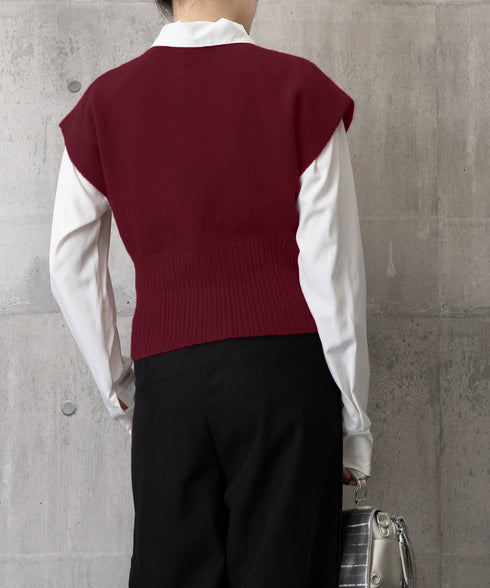 ニットベスト フロントボタン ニットジレ レディース リブ切り替え ショート丈ニットチョッキ オフィスカジュアル レイヤードベスト ノースリーブニットトップ春秋冬 24TPS-055