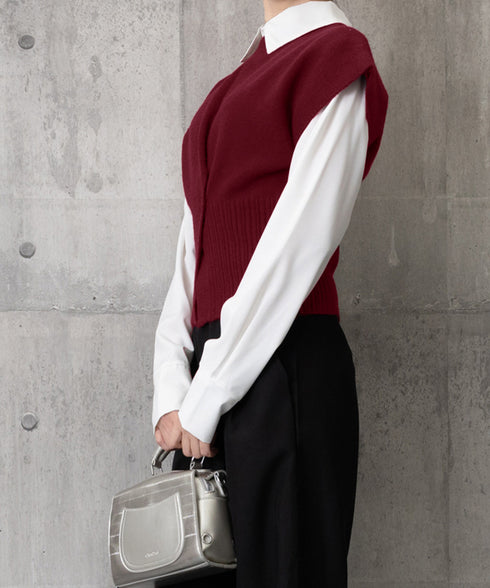 ニットベスト フロントボタン ニットジレ レディース リブ切り替え ショート丈ニットチョッキ オフィスカジュアル レイヤードベスト ノースリーブニットトップ春秋冬 24TPS-055