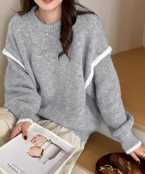 ゆったりニットトップスラウンドネック冬服 レディース 大人カジュアル ニットプルオーバー 体型カバーニットウェア ドロップショルダー 厚手ニットセーター あたたか 24TPS-056