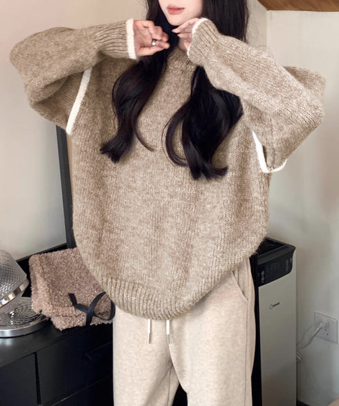 ゆったりニットトップスラウンドネック冬服 レディース 大人カジュアル ニットプルオーバー 体型カバーニットウェア ドロップショルダー 厚手ニットセーター あたたか 24TPS-056