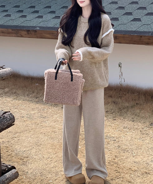 ゆったりニットトップスラウンドネック冬服 レディース 大人カジュアル ニットプルオーバー 体型カバーニットウェア ドロップショルダー 厚手ニットセーター あたたか 24TPS-056