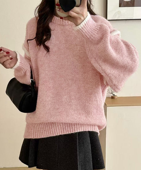 ゆったりニットトップスラウンドネック冬服 レディース 大人カジュアル ニットプルオーバー 体型カバーニットウェア ドロップショルダー 厚手ニットセーター あたたか 24TPS-056