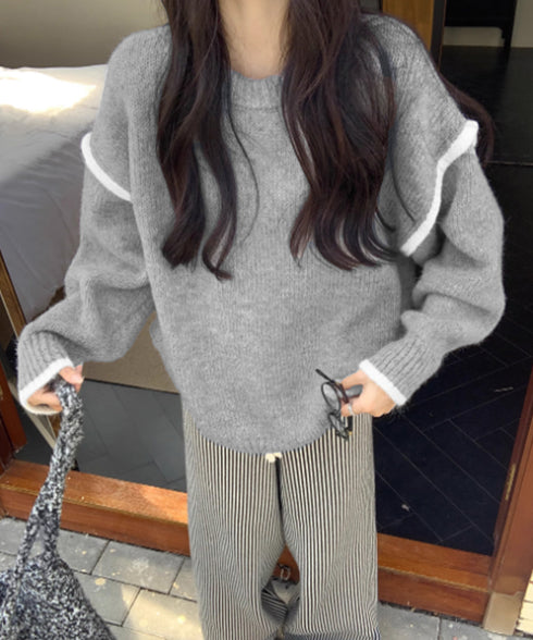 ゆったりニットトップスラウンドネック冬服 レディース 大人カジュアル ニットプルオーバー 体型カバーニットウェア ドロップショルダー 厚手ニットセーター あたたか 24TPS-056