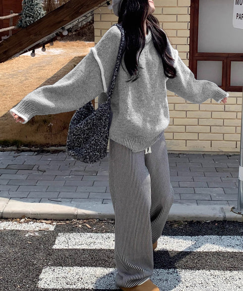 ゆったりニットトップスラウンドネック冬服 レディース 大人カジュアル ニットプルオーバー 体型カバーニットウェア ドロップショルダー 厚手ニットセーター あたたか 24TPS-056