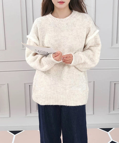 ゆったりニットトップスラウンドネック冬服 レディース 大人カジュアル ニットプルオーバー 体型カバーニットウェア ドロップショルダー 厚手ニットセーター あたたか 24TPS-056