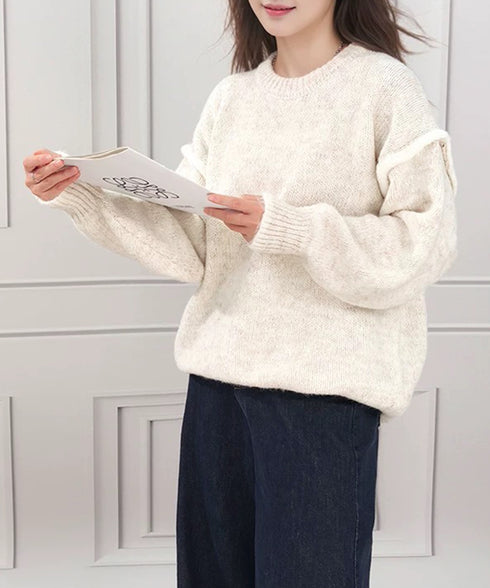 ゆったりニットトップスラウンドネック冬服 レディース 大人カジュアル ニットプルオーバー 体型カバーニットウェア ドロップショルダー 厚手ニットセーター あたたか 24TPS-056