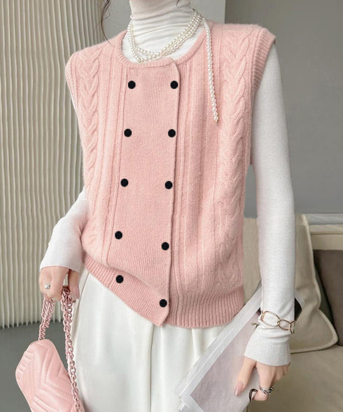 ケーブル編みニットベスト ダブルブレスト ニットジレ レディース 重ね着 ニットチョッキ ノースリーブ ニットトップス オフィスカジュアル レイヤードニットタンク 24TPS-057