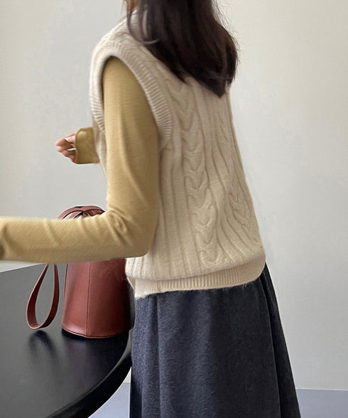 ケーブル編みニットベスト ダブルブレスト ニットジレ レディース 重ね着 ニットチョッキ ノースリーブ ニットトップス オフィスカジュアル レイヤードニットタンク 24TPS-057