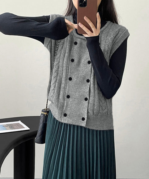 ケーブル編みニットベスト ダブルブレスト ニットジレ レディース 重ね着 ニットチョッキ ノースリーブ ニットトップス オフィスカジュアル レイヤードニットタンク 24TPS-057