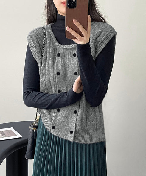ケーブル編みニットベスト ダブルブレスト ニットジレ レディース 重ね着 ニットチョッキ ノースリーブ ニットトップス オフィスカジュアル レイヤードニットタンク 24TPS-057