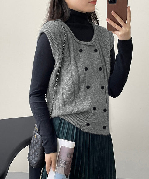 ケーブル編みニットベスト ダブルブレスト ニットジレ レディース 重ね着 ニットチョッキ ノースリーブ ニットトップス オフィスカジュアル レイヤードニットタンク 24TPS-057
