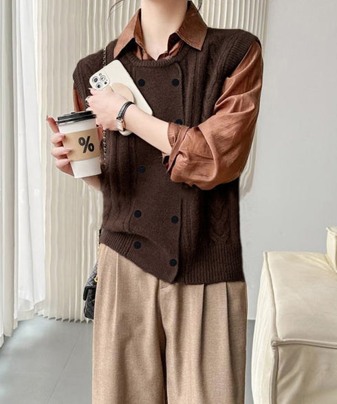 ケーブル編みニットベスト ダブルブレスト ニットジレ レディース 重ね着 ニットチョッキ ノースリーブ ニットトップス オフィスカジュアル レイヤードニットタンク 24TPS-057