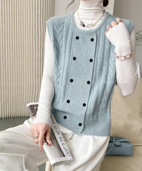 ケーブル編みニットベスト ダブルブレスト ニットジレ レディース 重ね着 ニットチョッキ ノースリーブ ニットトップス オフィスカジュアル レイヤードニットタンク 24TPS-057