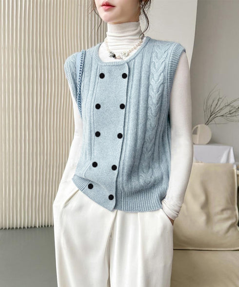 ケーブル編みニットベスト ダブルブレスト ニットジレ レディース 重ね着 ニットチョッキ ノースリーブ ニットトップス オフィスカジュアル レイヤードニットタンク 24TPS-057