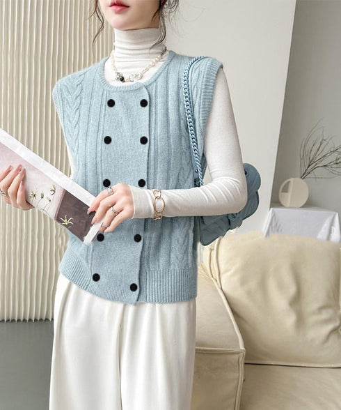 ケーブル編みニットベスト ダブルブレスト ニットジレ レディース 重ね着 ニットチョッキ ノースリーブ ニットトップス オフィスカジュアル レイヤードニットタンク 24TPS-057