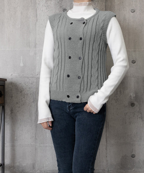 ケーブル編みニットベスト ダブルブレスト ニットジレ レディース 重ね着 ニットチョッキ ノースリーブ ニットトップス オフィスカジュアル レイヤードニットタンク 24TPS-057