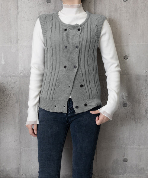ケーブル編みニットベスト ダブルブレスト ニットジレ レディース 重ね着 ニットチョッキ ノースリーブ ニットトップス オフィスカジュアル レイヤードニットタンク 24TPS-057