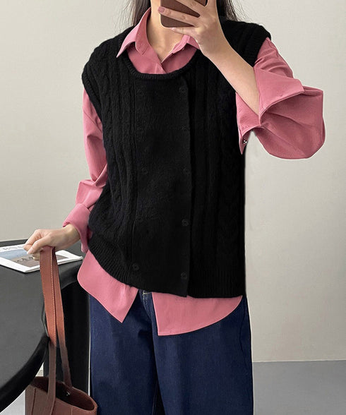 ケーブル編みニットベスト ダブルブレスト ニットジレ レディース 重ね着 ニットチョッキ ノースリーブ ニットトップス オフィスカジュアル レイヤードニットタンク 24TPS-057