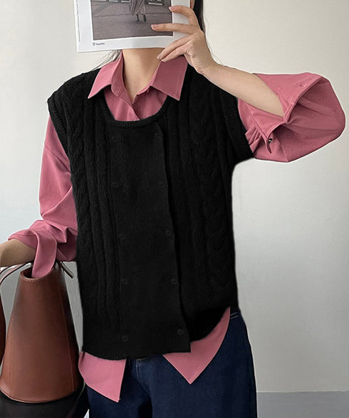 ケーブル編みニットベスト ダブルブレスト ニットジレ レディース 重ね着 ニットチョッキ ノースリーブ ニットトップス オフィスカジュアル レイヤードニットタンク 24TPS-057