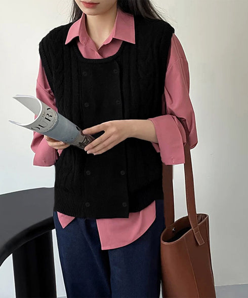 ケーブル編みニットベスト ダブルブレスト ニットジレ レディース 重ね着 ニットチョッキ ノースリーブ ニットトップス オフィスカジュアル レイヤードニットタンク 24TPS-057