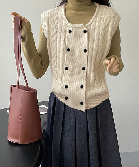 ケーブル編みニットベスト ダブルブレスト ニットジレ レディース 重ね着 ニットチョッキ ノースリーブ ニットトップス オフィスカジュアル レイヤードニットタンク 24TPS-057