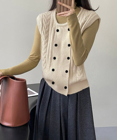 ケーブル編みニットベスト ダブルブレスト ニットジレ レディース 重ね着 ニットチョッキ ノースリーブ ニットトップス オフィスカジュアル レイヤードニットタンク 24TPS-057