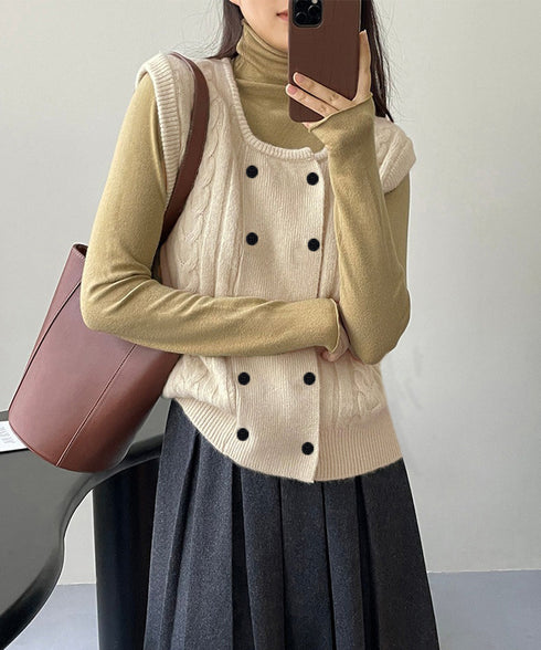 ケーブル編みニットベスト ダブルブレスト ニットジレ レディース 重ね着 ニットチョッキ ノースリーブ ニットトップス オフィスカジュアル レイヤードニットタンク 24TPS-057