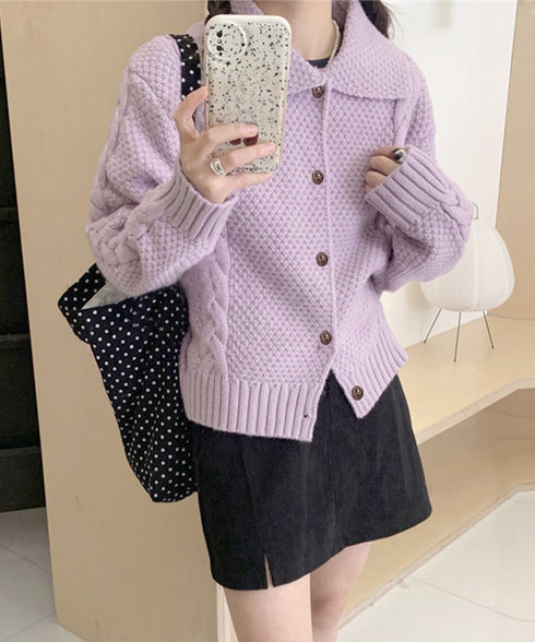 ケーブル編みニットカーディガン ビッグ襟 ニット羽織り レディース おしゃれニットトップス カジュアル 前開きニットウェア 着回し 秋冬服 韓国風 シンプルニット 24TPS-058