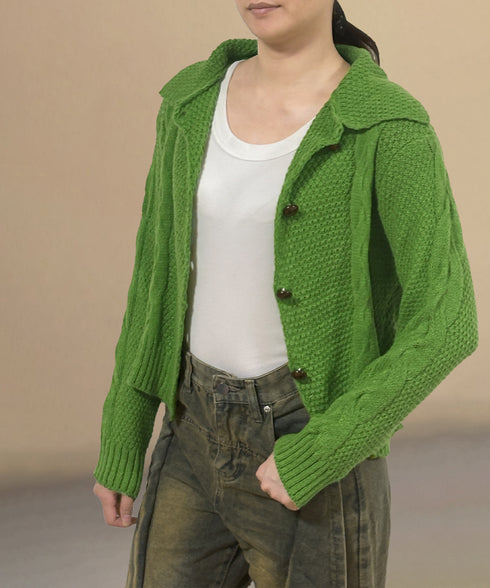 ケーブル編みニットカーディガン ビッグ襟 ニット羽織り レディース おしゃれニットトップス カジュアル 前開きニットウェア 着回し 秋冬服 韓国風 シンプルニット 24TPS-058