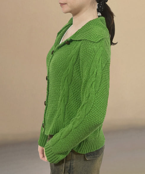 ケーブル編みニットカーディガン ビッグ襟 ニット羽織り レディース おしゃれニットトップス カジュアル 前開きニットウェア 着回し 秋冬服 韓国風 シンプルニット 24TPS-058