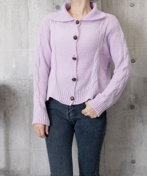 ケーブル編みニットカーディガン ビッグ襟 ニット羽織り レディース おしゃれニットトップス カジュアル 前開きニットウェア 着回し 秋冬服 韓国風 シンプルニット 24TPS-058