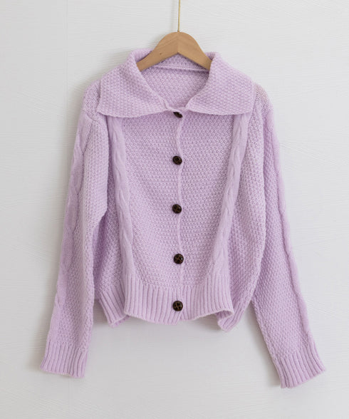 ケーブル編みニットカーディガン ビッグ襟 ニット羽織り レディース おしゃれニットトップス カジュアル 前開きニットウェア 着回し 秋冬服 韓国風 シンプルニット 24TPS-058