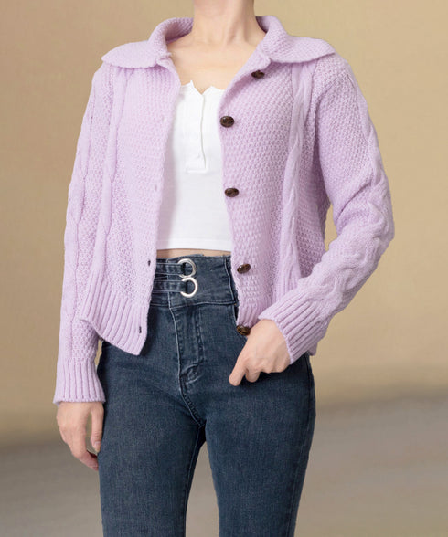 ケーブル編みニットカーディガン ビッグ襟 ニット羽織り レディース おしゃれニットトップス カジュアル 前開きニットウェア 着回し 秋冬服 韓国風 シンプルニット 24TPS-058