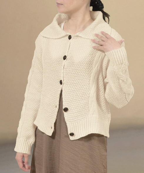 ケーブル編みニットカーディガン ビッグ襟 ニット羽織り レディース おしゃれニットトップス カジュアル 前開きニットウェア 着回し 秋冬服 韓国風 シンプルニット 24TPS-058