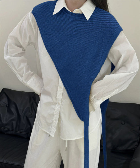 三角ニットベスト 重ね着 肩掛け風ニット アシンメトリー ショール風ニットベスト 大人可愛い 抜け感ニットトップス ノースリーブ ケープ風ベスト 24TPS-059