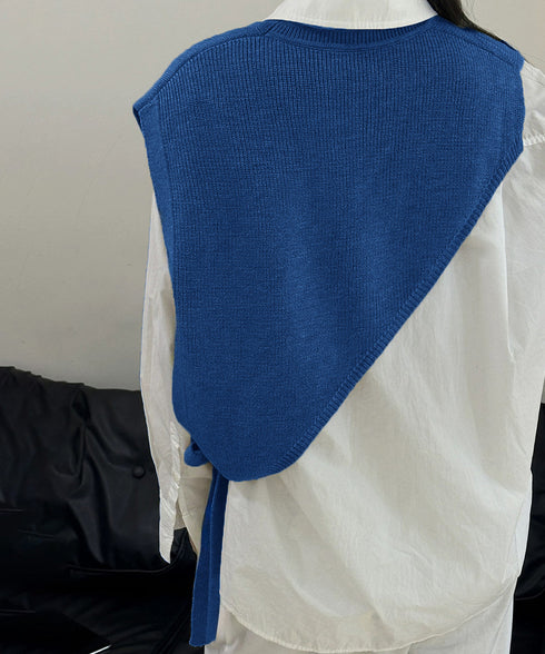 三角ニットベスト 重ね着 肩掛け風ニット アシンメトリー ショール風ニットベスト 大人可愛い 抜け感ニットトップス ノースリーブ ケープ風ベスト 24TPS-059