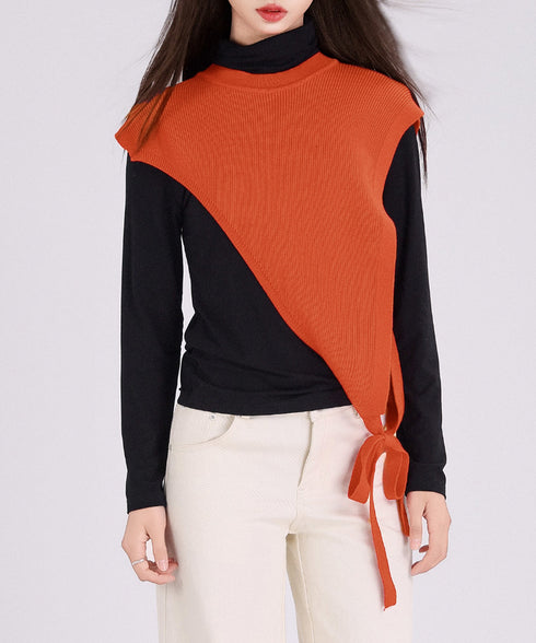 三角ニットベスト 重ね着 肩掛け風ニット アシンメトリー ショール風ニットベスト 大人可愛い 抜け感ニットトップス ノースリーブ ケープ風ベスト 24TPS-059