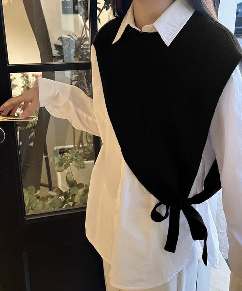 三角ニットベスト 重ね着 肩掛け風ニット アシンメトリー ショール風ニットベスト 大人可愛い 抜け感ニットトップス ノースリーブ ケープ風ベスト 24TPS-059