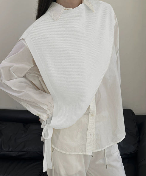 三角ニットベスト 重ね着 肩掛け風ニット アシンメトリー ショール風ニットベスト 大人可愛い 抜け感ニットトップス ノースリーブ ケープ風ベスト 24TPS-059