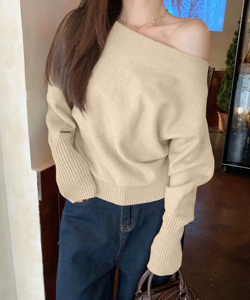 ボートネックニットトップスオフショルダー ニットプルオーバー レディース オフィスカジュアル ニットセーター きれいめ ワンショルダーニット 通勤通学ニットウェア 24TPS-061