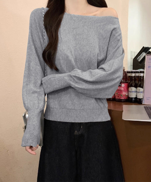 ボートネックニットトップスオフショルダー ニットプルオーバー レディース オフィスカジュアル ニットセーター きれいめ ワンショルダーニット 通勤通学ニットウェア 24TPS-061