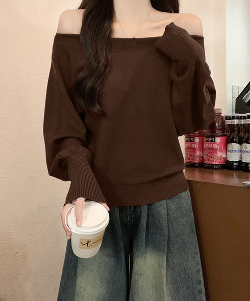 ボートネックニットトップスオフショルダー ニットプルオーバー レディース オフィスカジュアル ニットセーター きれいめ ワンショルダーニット 通勤通学ニットウェア 24TPS-061