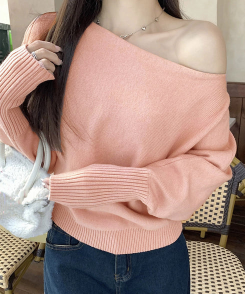 ボートネックニットトップスオフショルダー ニットプルオーバー レディース オフィスカジュアル ニットセーター きれいめ ワンショルダーニット 通勤通学ニットウェア 24TPS-061